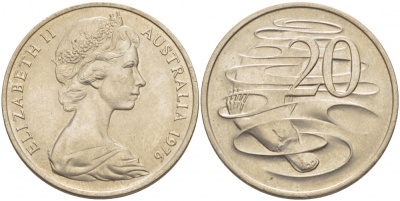 Австралия 20 центов 1976 Елизавета II (1952-2022), утконос KM 66 медно-никель UNC 115-946