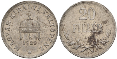 Венгрия 20 филлеров 1920 КВ, Карл I (1916-1918), редкий год KM 498 железо 4151-1034