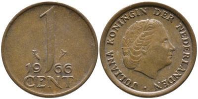 НИДЕРЛАНДЫ 1 ЦЕНТ 1966 ЮЛИАНА KM 180 бронза 96-1229
