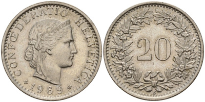 Швейцария 20 раппенов 1969 B KM 29a медно-никель 4187-556