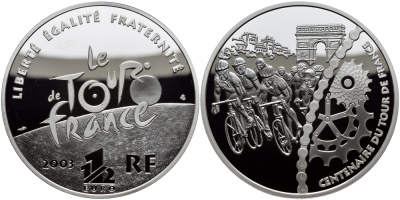 Франция 1 1/2 евро 2003 100 лет велогонкам Тур де Франс, велосипедисты и триумфальная арка KM 1322 серебро PROOF 1095-3-52