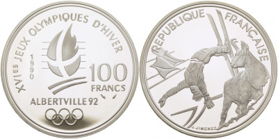 Франция 100 франков 1990 XVI Зимние Олимпийские игры 1992 в Альбервиле, фристайл KM 983 серебро PROOF 1077-3-43