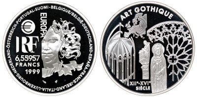 Франция 1 евро = 6,55957 франков 2000 готический стиль в архитектуре (XII-XVI веков) в коробке с сертификатом KM 1246 серебро PROOF 4-3-3-12