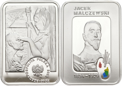 Польша 20 злотых 2003 Ясек Малжевски, аллегория Смерти закрывающей глаза старику, цветная эмаль, в оригинальной пластиковой коробке KM 478 серебро PROOF 1090-2-43