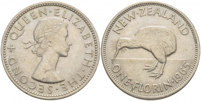 Новая Зеландия 1 флорин 1965 Елизавета II (1952-2022), птичка киви KM 28.2 медно-никель UNC 51-133