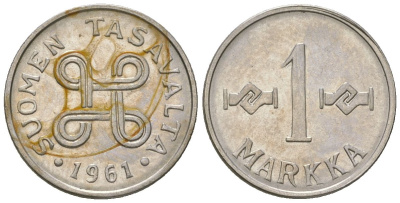 Финляндия 1 марка 1961 KM 36a сталь плакированная железом 4173-1258