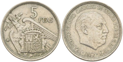 ИСПАНИЯ 5 ПЕСЕТ 1957 (72) ФРАНСИСКО ФРАНКО ДИКТАТОР ИСПАНИИ (1939-1975) KM 786 медно-никель 216-1033