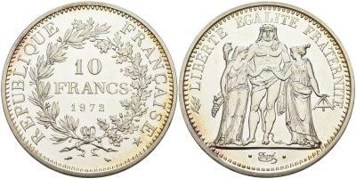 Франция 10 франков 1972 А, Геракл с богинями равенства и братства KM 932 серебро PROOF 1072-9-64