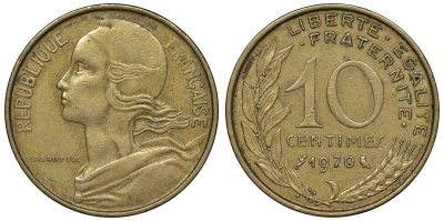 Франция 10 сантимов 1970 тип Marianne KM 929, Le Franc 144.10 медь алюминий никель 4128-155