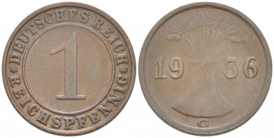 ГЕРМАНИЯ 1 РЕЙХСПФЕННИГ 1936 G KM 37, J. 313, Weege 2 бронза 3955-649
