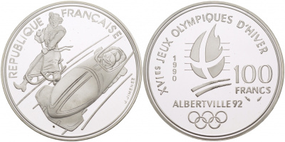 Франция 100 франков 1990 XVI Зимние Олимпийские игры 1992 в Альбервиле, бобслей KM 981 серебро PROOF 04-093-45