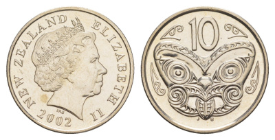 Новая Зеландия 10 центов 2002 Елизавета II (1952-2022), маска маори KM 117 медно-никель UNC 4652-657
