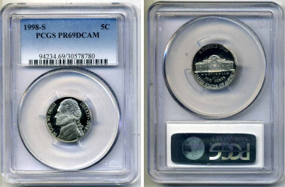США 5 центов 1998 S, президент Джеферсон, в слабе PCGS PR69CAM KM А192 медно-никель PROOF 15-003-18