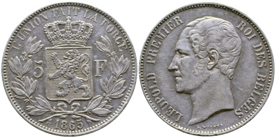 Бельгия 5 франков 1865 Леопольд I (1831-1865) KM 17 серебро 00-1067-6-22