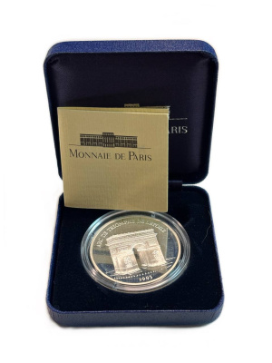 Франция 100 франков - 15 экю 1993 серия архитектурные монументы европы (Триумфальная арка в Париже), в оригинальной коробке, сертификат KM 1031 серебро  PROOF  1-6-4-66