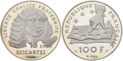 Франция 100 франков - 15 экю 1991 Декарт, в оригинальной коробке с сертификатом KM 1002 серебро PROOF 4-5-1-19