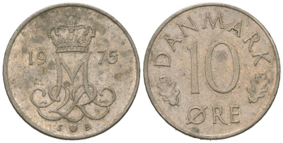 Дания 10 эре 1975 S. B, Маргрете II (1972-2024) KM 860 медно-никель 4618-362
