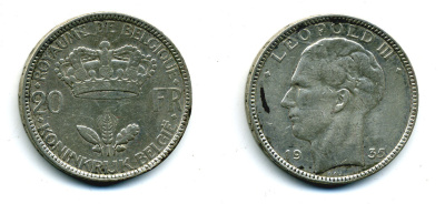Бельгия 20 франков 1935 Леопольд III (1934-1950), BELGIЕ KM 105 серебро 86-1834