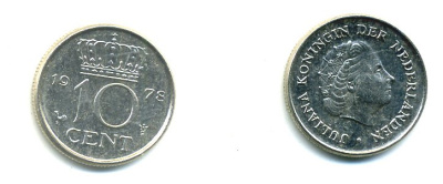 Нидерланды 10 центов 1978 Юлиана (1948-1980) КМ 182 никель 76-354