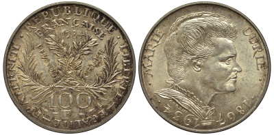 Франция 100 франков 1984 50 лет со дня смерти Марии Кюри KM 955 серебро 1516-1615