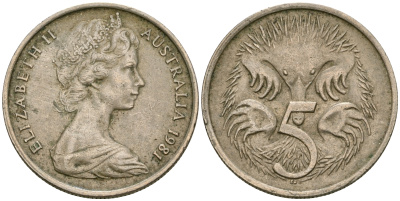 Австралия 5 центов 1981 Елизавета II (1952-2022), ехидна KM 64 медно-никель 4608-821