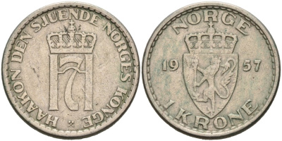 Норвегия 1 крона 1957 Хокон VII (1905-1957) KM 397 медно-никель 4571-414