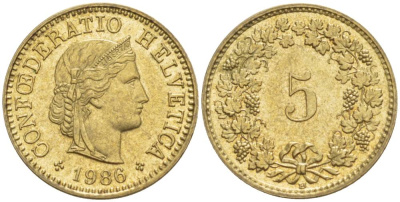 ШВЕЙЦАРИЯ 5 РАППЕНОВ 1986 В KM 26c алюминий латунь 4532-858