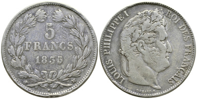 Франция 5 франков 1835 M, Луи Филипп I (1830-1848) KM 749.9 серебро 1066-6-36