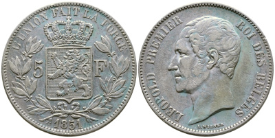 Бельгия 5 франков 1851 Леопольд I (1831-1865) KM 17 серебро 00-1067-5-31