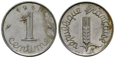 Франция 1 сантим 1968 KM 928, Le Franc 106.15 нержавеющая сталь 4136-831