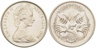 АВСТРАЛИЯ 5 ЦЕНТОВ 1978 ЕЛИЗАВЕТА II (1952-) МОЛОДОЙ ПОРТРЕТ, ЕХИДНА KM 64 медно-никель 4516-659
