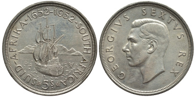 ЮАР 5 шиллингов 1952 Георг VI (1937-1952), 300 лет основания Кейптауна, парусник KM 41 серебро 1520-313