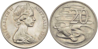 АВСТРАЛИЯ 20 ЦЕНТОВ 1980 ЕЛИЗАВЕТА II, МОЛОДОЙ ПОРТРЕТ, УТКОНОС KM 66 медно-никель 38-722