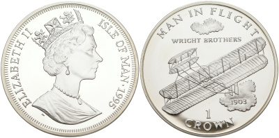 Остров Мэн 1 крона 1995 человек в полете, самолет братьев Райт KM 437а серебро PROOF 1074-5-12