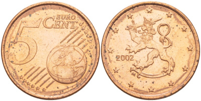 ФИНЛЯНДИЯ 5 ЕВРОЦЕНТОВ 2002 М KM 100 сталь плакированная медью 4543-123