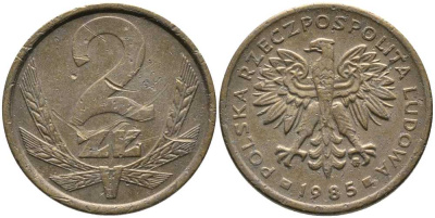 ПОЛЬША 2 ЗЛОТЫХ 1985 MW KM 80.1 латунь 110-856
