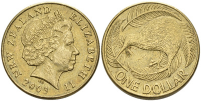 Новая Зеландия 1 доллар 2003 Елизавета II (1952-2022), птица киви  KM 120 алюминиевая бронза 36-341