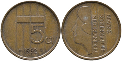 Нидерланды 5 центов 1992 Беатрикс (1980-2013) КМ 202 бронза 65-1256