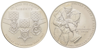 США 1 доллар 2011 S, Медаль Почёта, в оригинальной упаковке, с сертификатом KM 504 серебро BU 8-2-05-12