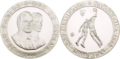Испания 2000 песет 1990 XXV летние Олимпийские игры 1992 года в Барселоне, баскетбол KM 866 серебро PROOF 1088-8-63