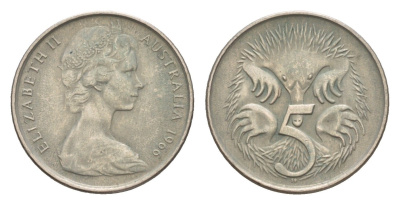 Австралия 5 центов 1966 Елизавета II (1952-2022) молодой портрет, ехидна KM 64 медно-никель 4655-1255