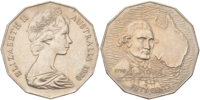 Австралия 50 центов 1970 200 лет австралийскому путешествию капитана Кука KM 69 медно-никель UNC 4517-121