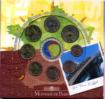 Франция евронабор из 8 монет + жетон мондвора 2005 150 лет Эйфелевой башне, в оригинальном картонном буклете, сертификат BUNC 5-4-4-20