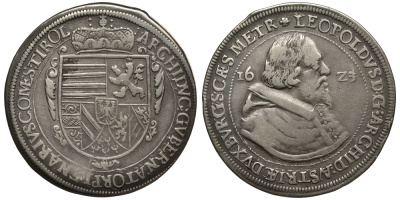 Австрия, Священная Римская империя, Тироль 1 талер 1623 дом Габсбургов, Эрцгерцог Леопольд V  Тирольский (1619-1632), монетный двор Халл, очень редкий год MT 420var, Tursky 4/2/I, Dav. 3330 серебро 00-803-03