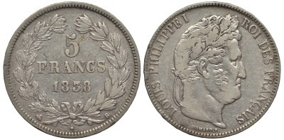 Франция 5 франков 1838 В, Луи Филипп I (1830-1848) KM 749.2 серебро 443-845