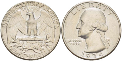 США 25 центов (квотер) 1974 Вашингтон KM 164a медь плакированная медно-никелем 4519-532