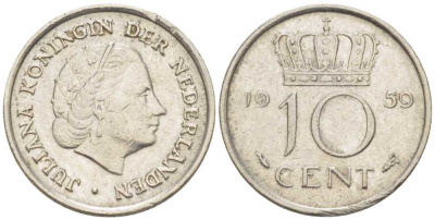 НИДЕРЛАНДЫ 10 ЦЕНТОВ 1959 ЮЛИАНА (1948-1980) KM 182 никель 214-1154