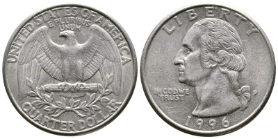 США 25 центов (квотер) 1996 P, Вашингтон KM А164а медь плакированная медно-никелем 23-426