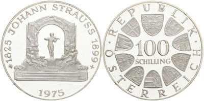 Австрия 100 шиллингов 1975 150 лет со дня рождения Иоганна Штрауса KM 2923 серебро PROOF 02-252-13