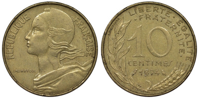 Франция 10 сантимов 1974 тип Marianne KM 929, Le Franc 144.14 медь алюминий никель 4128-157